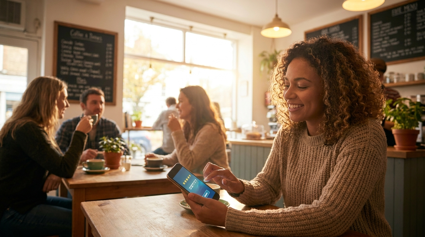 Klient wystawia opinię w Google na telefonie