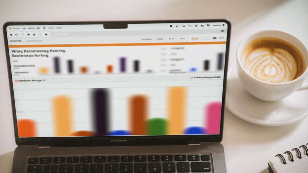 Laptop z prostym raportem skuteczności obok filiżanki kawy
