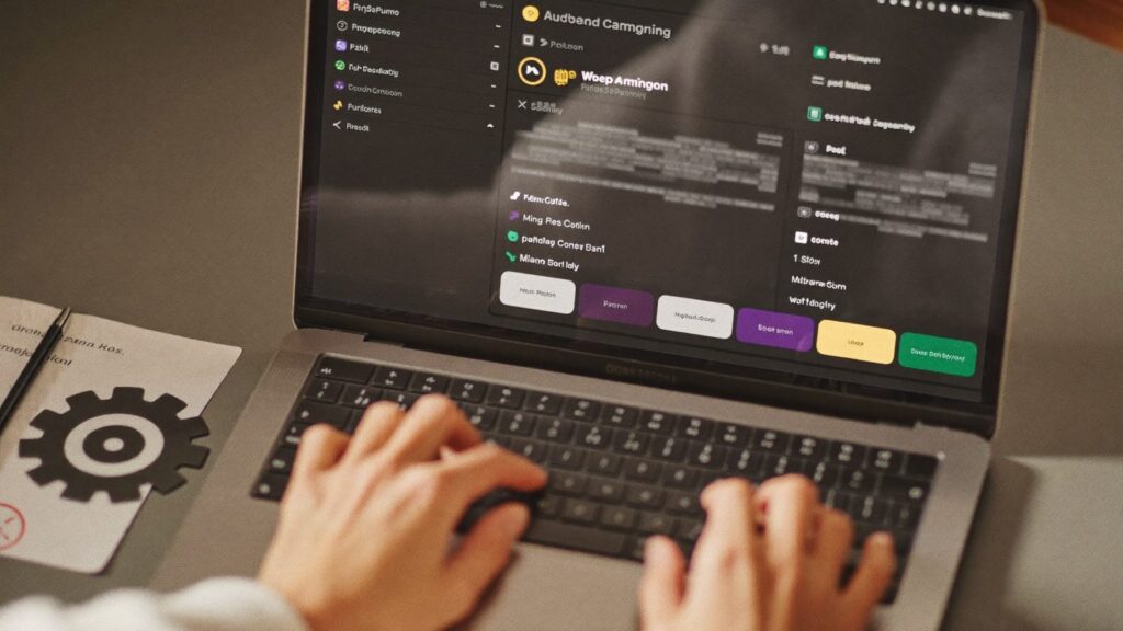 Laptop z panelem automatycznej kampanii i ikoną trybika