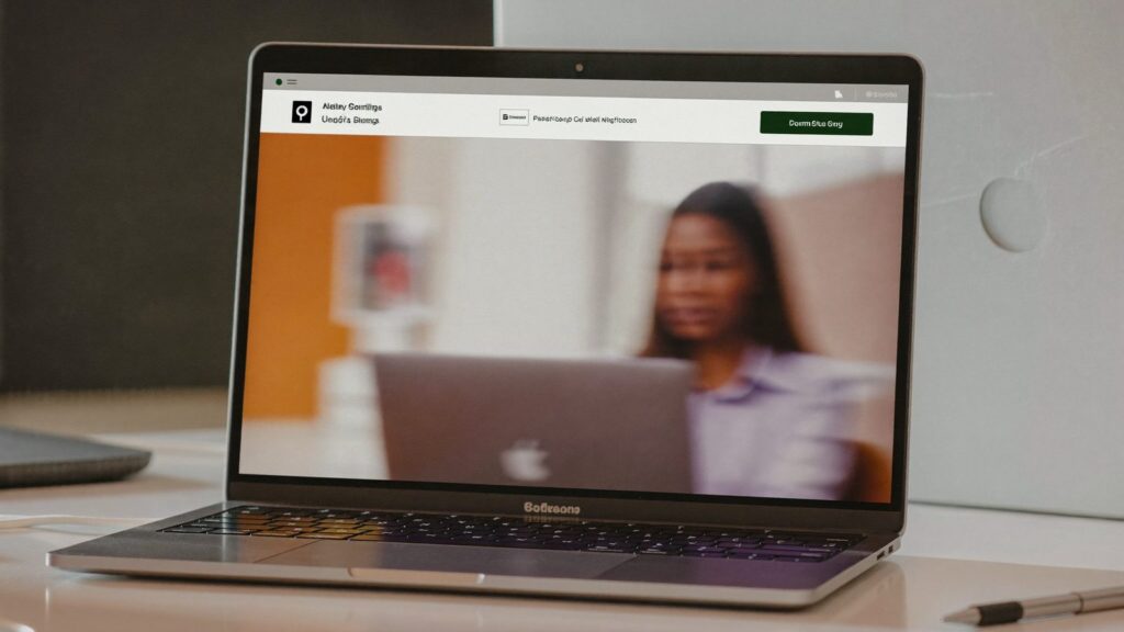 Laptop z prostą stroną firmową i widocznym przyciskiem kontaktu